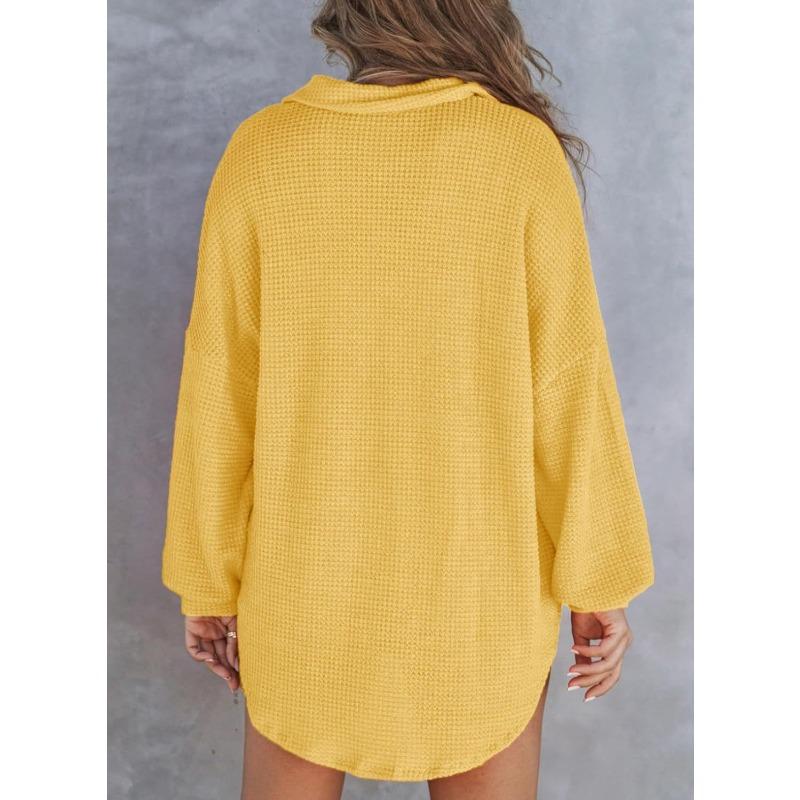 DAFIFY Women's Fashion Casual Spring Autumn Solid Color Print Long Sleeve POLO Neck Blouses & Shirts