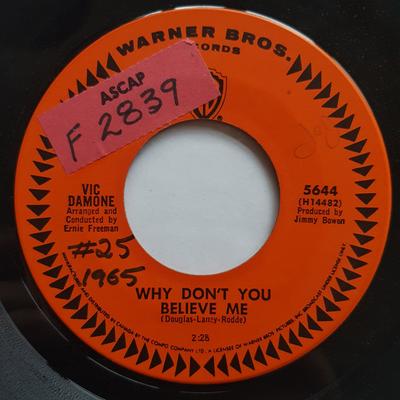 7inch Record VIC DAMONE - Why Don't You Believe Me / The Thri 5644 Warner Bros. Re 1965 Canada Pop Used