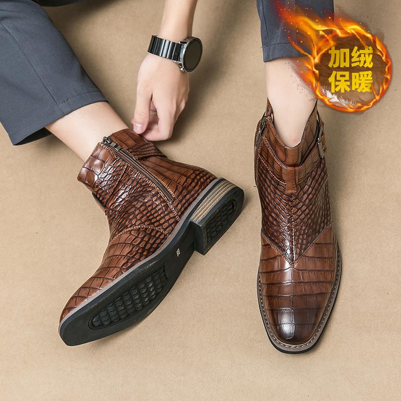 Brand Fashion Men's Side Zipper Snake Leather Pattern High Top Short Boots Pointed Comfortable Banquet Men's Boots