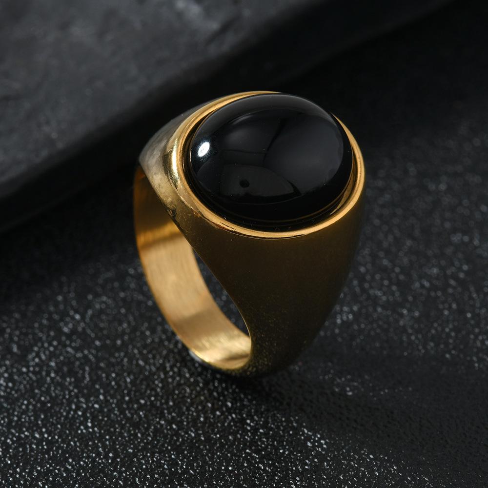 European & American Luxury Stainless Steel Oval Natural Stone Couple Ring