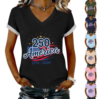 Camiseta Casual Estampada Feminina Gola V Pulôver Manga Curta Top