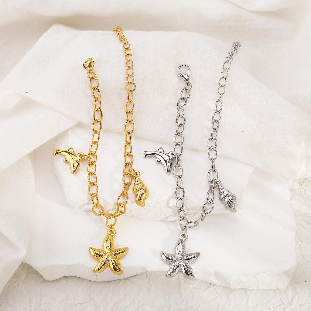 Women Fashion Exquisite Luxury Starfish Conch Dolphin Pendant Bracelet Necklace Retro Ocean Vacation Style Jewelry For Women