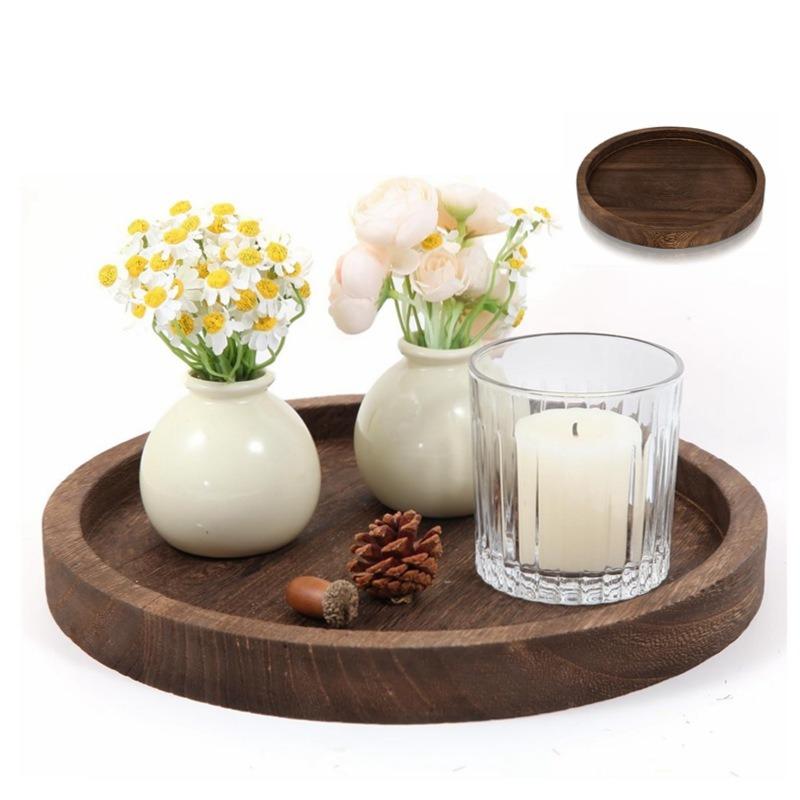 Decorative Wooden Tray Small Tray Round Wood Tray Multi-purpose Farmhouse Kitchen Countertop Home Decor Candle Holder CTP002
