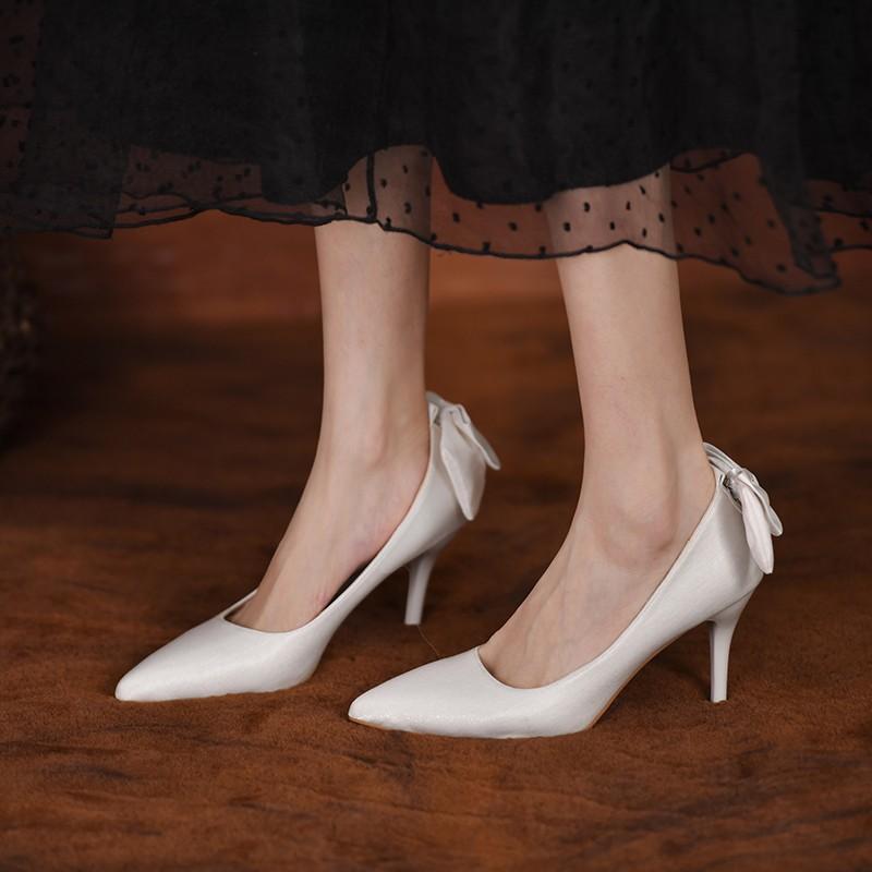 Elegant Satin Bowknot High Heels Pumps for Women Sexy Pointed Toe Stiletto Heeled  Bridal Wedding Shoes Woman White Pumps