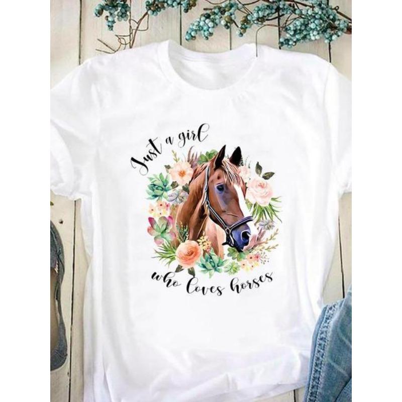 Horse Pattern Printed Women's Pure Cotton Short Sleeved Round Neck White T-Shirts Women’s