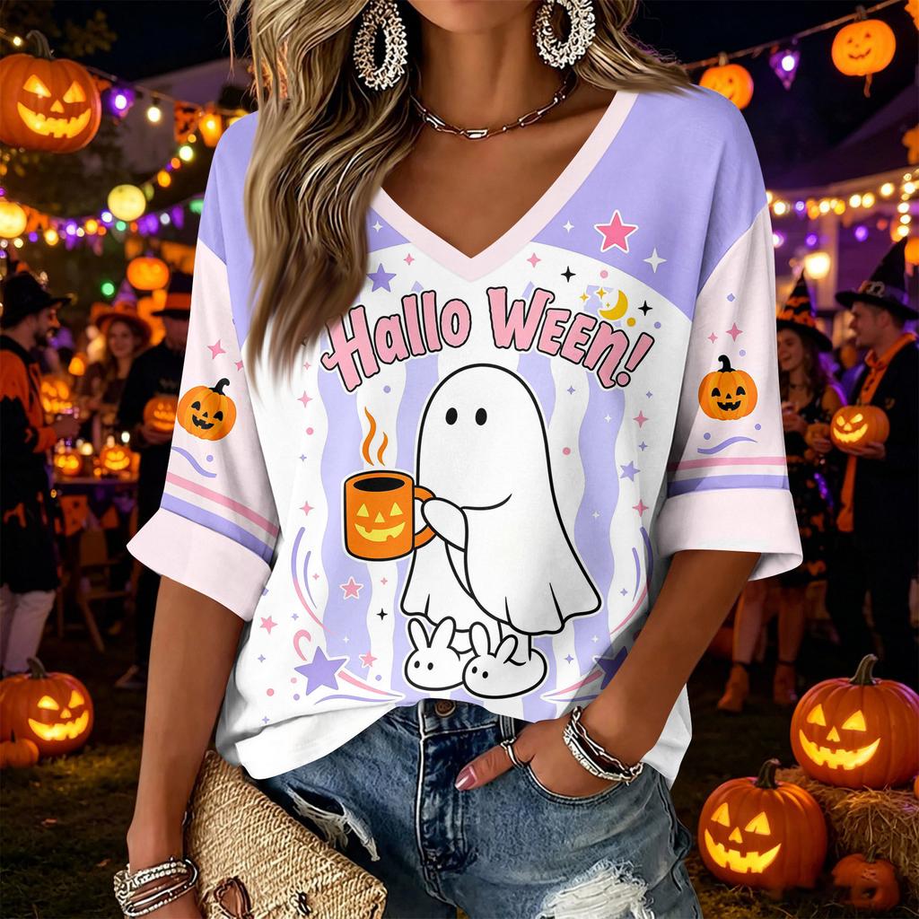 Women's Casual Fashion Three-Quarter Sleeve V-Neck Top with Halloween Print