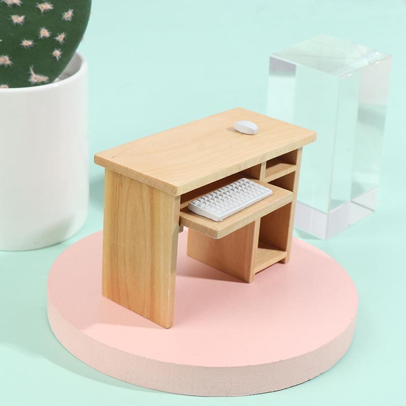 1/12 Dollhouse Miniature Desk With Keyboard And Mouse Wooden Toys Furniture
