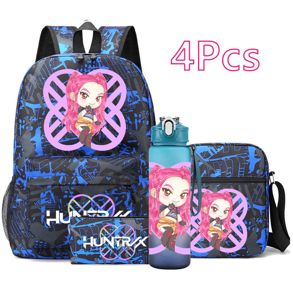 4Pcs/set Cartoon K-pop Printed Backpack Large Capacity Bookbag Shoulder Bag Case Bag with 750ml Water Bottler Boy Girl School Bag Kid Gift