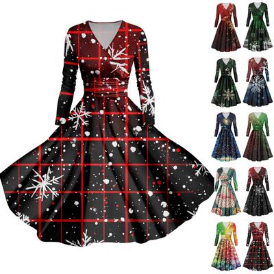 Women's Christmas Tree Snowflake Print V-Neck Slim Fit Long Sleeve Swing Dress
