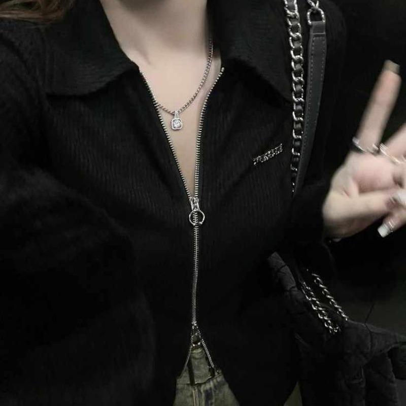 2KWEIRD Woman Tshirts Temperament Tunic Turndown Collar Long Sleeve Tees Fashion Zipper Black Casual Y2k T Shirt