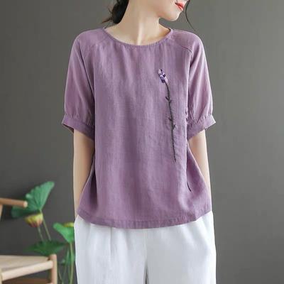 Women's Summer Artistic Loose Cotton T-shirt Jacquard Round Neck Embroidered Short Sleeve T-shirt Women's Top