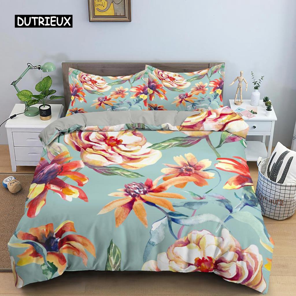 Flower Duvet Cover Set King Size Pink Flowers Green Leaves Pattern Quilt Cover for Teen Girl Microfiber Floral Theme Quilt Cover