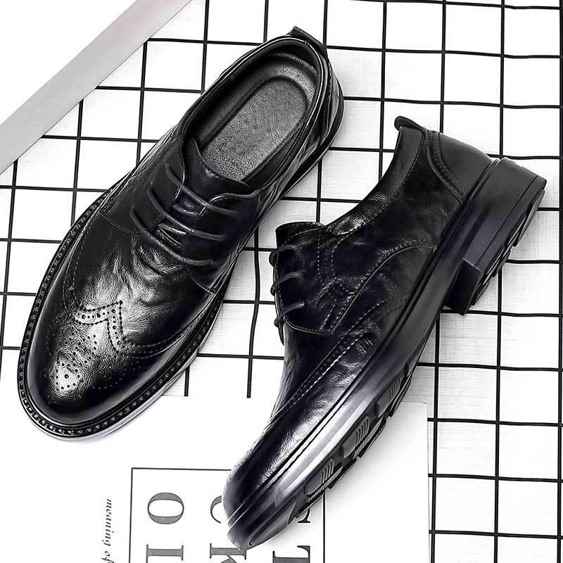 Men's Black Leather Brogue Shoes - Formal, Casual, Wedding, and Business Suit Style.