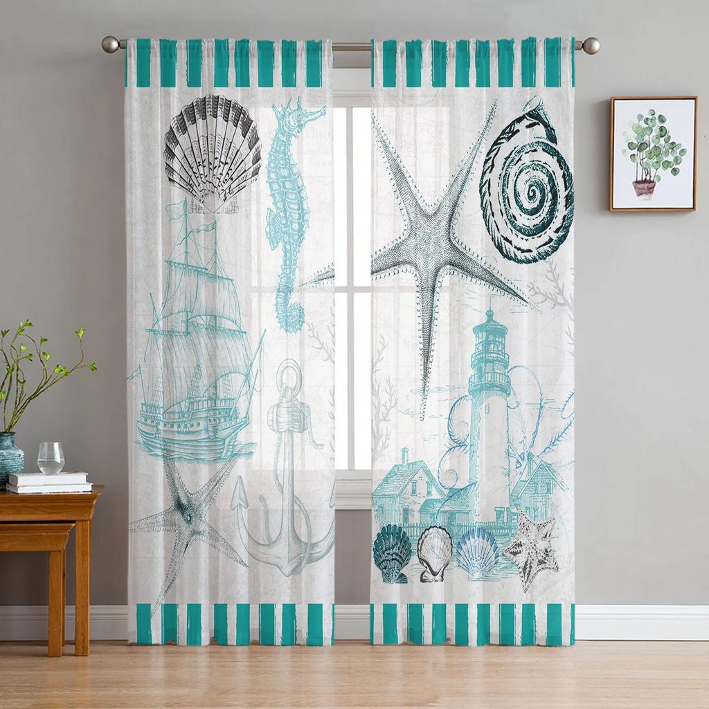 Sheer Watercolour Lighthouse Big Surf Seabird Curtains Living Room Bedroom Decoration Window Voiles Morning Tulle Curtain Polyester Washable Great