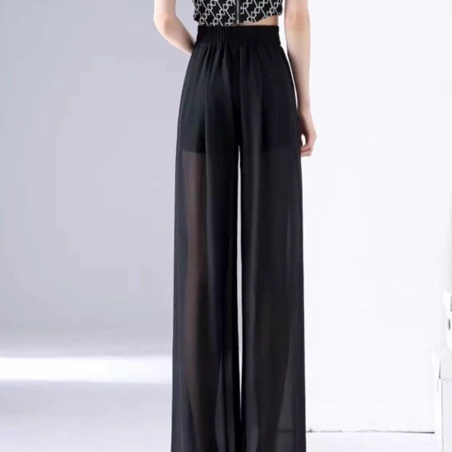 Women's High-Waisted Black Chiffon Wide-Leg Pants - Light Summer Style