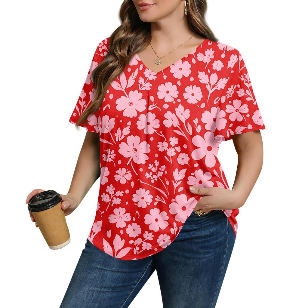 Women's Plus Size Fashionable Casual Loose-Fit Short Sleeve Elegant V Neck Blouse For Work
