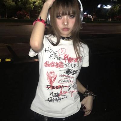 Japanese Y2k T-shirt Aesthetics 2000s Graffiti Tops Graphic Print Short Sleeve Tshirt E-girls Goth Tees Grunge