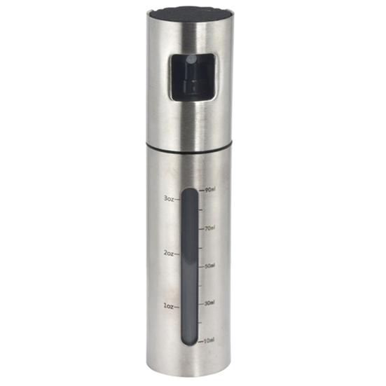 Kitchen Oil Spray Bottle Stainless Steel with Scale Mark, 100ml Press Type Atomized Precise Control Tool Dispenser for BBQ Baking, Rust Resistant Fine