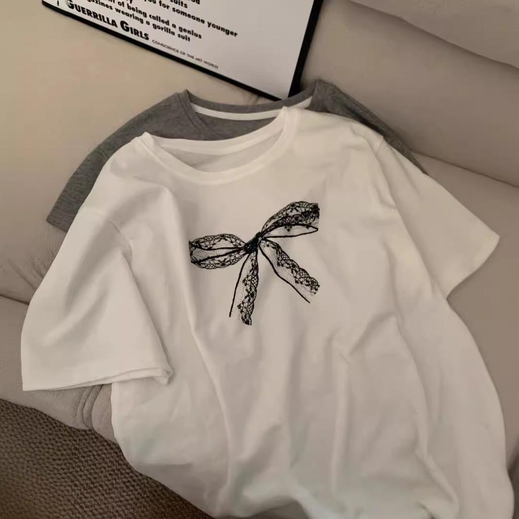 Korean lace bow print short-sleeved t-shirt women's summer new foreign style versatile small cotton top trendy