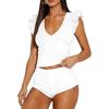 Damen ärmelloses Strick-Westen-Top und Shorts Set V-Ausschnitt Rüschen-Schulterdetail Lässiges zweiteiliges Outfit Sommerkleidung