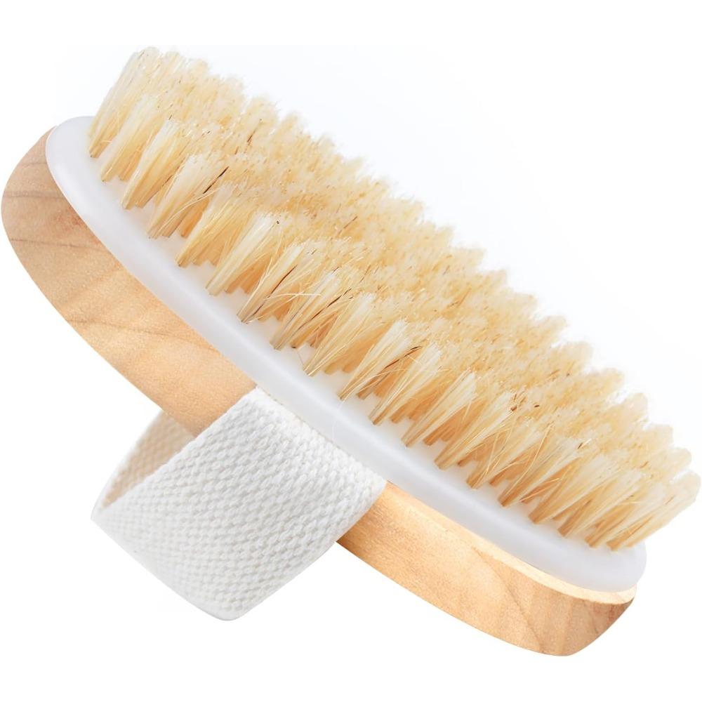 

Natural Bristle Body Brush for Exfoliation & Massage - Long Handle Back Scrubber, Soft Bristles for Wet/Dry Skin
