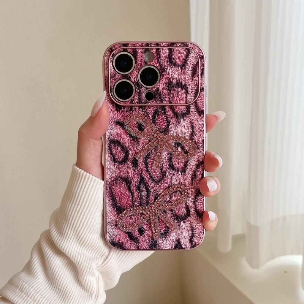 Large window personalized leopard print rhinestone bow for iPhone16Pro max Apple 17 mobile phone case 15/14