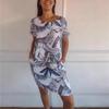 Women's Round Neck Loose Short Sleeve Print Pocket Dress