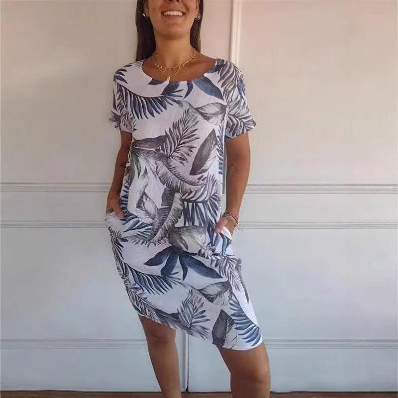 

Women s Round Neck Loose Short Sleeve Print Pocket Dress M