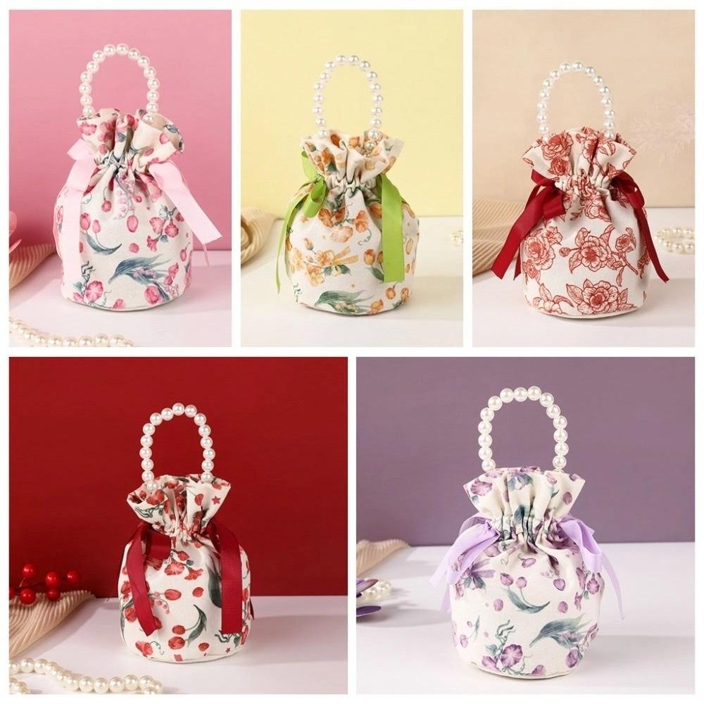 Floral Canvas Flower Drawstring Bag Ribbon Bow Festive Sugar Bag Fashion Bowknot Handbag Wedding