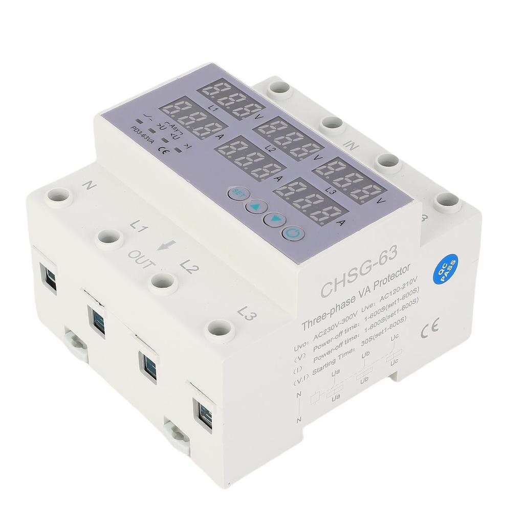 3 Phase DIN Rail Voltmeter Ammeter Automatic Overvoltage Overcurrent Protector AC230 300V
