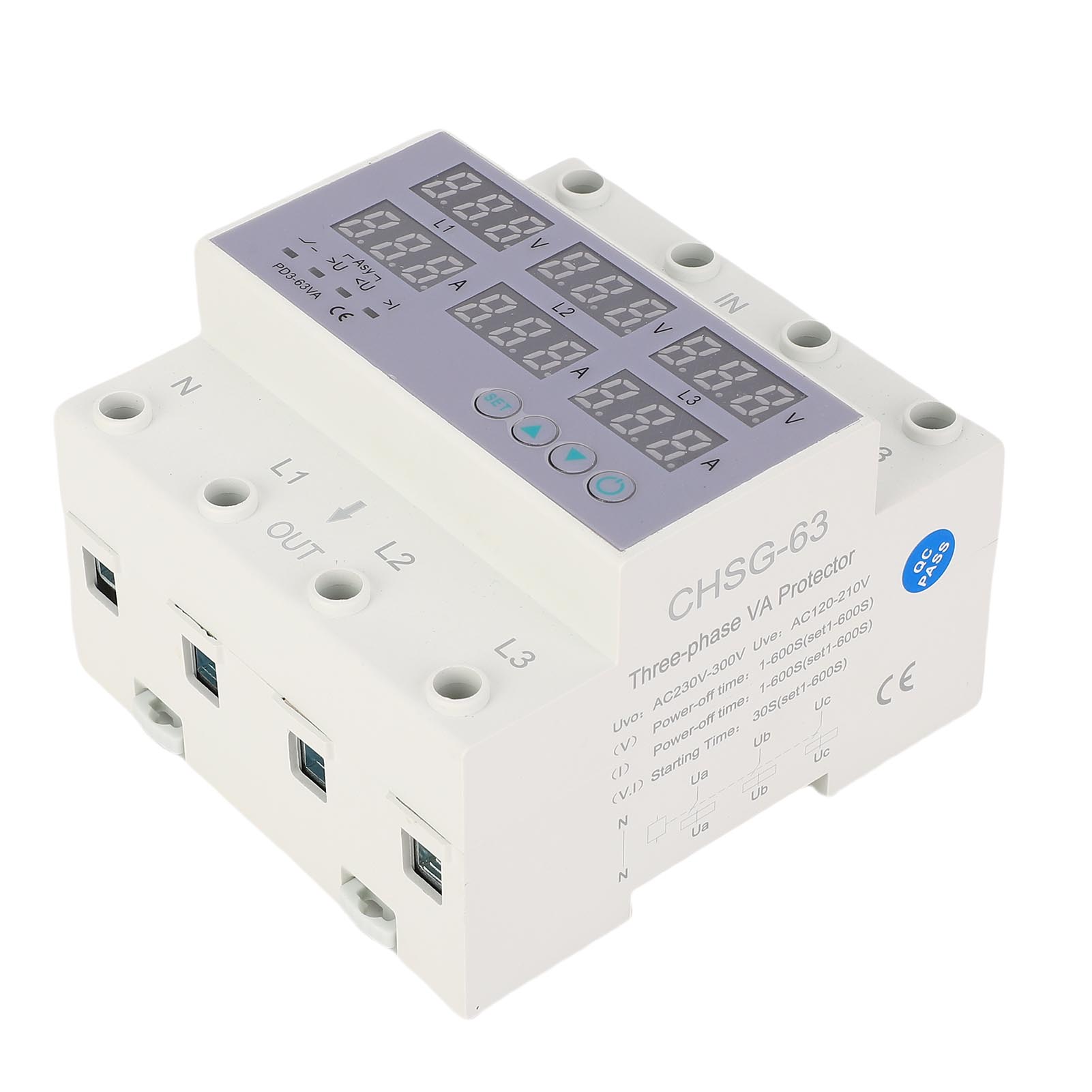 

3 Phase DIN Rail Voltmeter Ammeter Automatic Overvoltage Overcurrent Protector AC230 300V білий