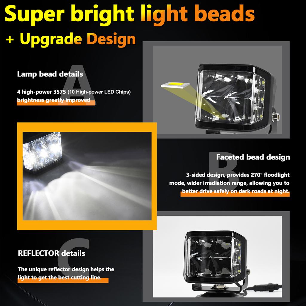 LED Work Light 3-sided Light 6000K 100W Driving Lights IP67 Waterproof Spot Lights for Truck, Motorcycles, SUVs, ATVs, Boats