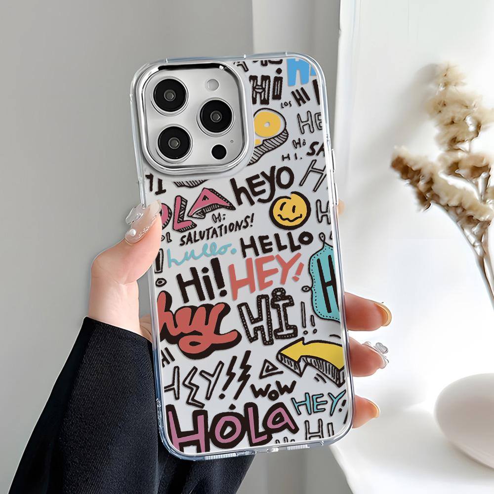 Cartoon Travel Graffiti Phone Case For iPhone 17 Pro Max Air 16 15 Pro 14 13 12 11 Shockproof Silicone Cover Silver Lens Frame
