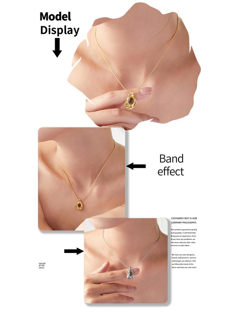 European & American Tiger Eye Stone Pendant Necklace with 18K Gold-Plated Stainless Steel Chain