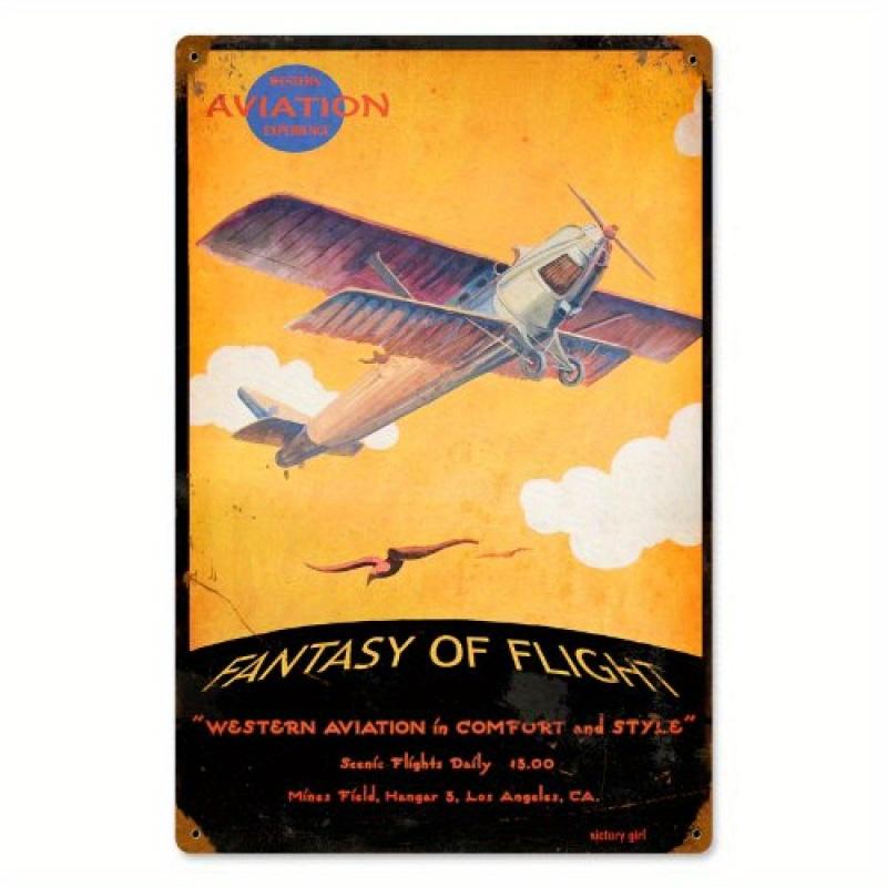 Vintage Aviation Metal Wall Decor Retro Fantasy of Flight Biplane HeavyDuty Iron Hanging Plaque for Home Office Aviati