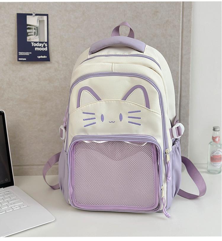 Schoolbag Japanese ins cute cat backpack pain bag transparent large-capacity schoolbag versatile casual shoulder bag