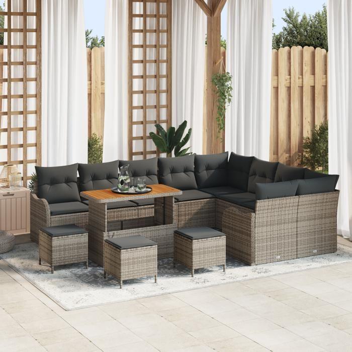 Ensemble de Canapés de Jardin 13 Pièces avec Coussins Gris Poly Rattan Acacia 3364263