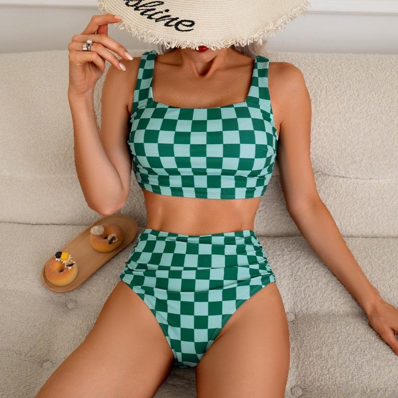 

One Piece From An Overseas Warehouse, Women s Contrasting Color Plaid, Full Body Printing, High-end Vest, Split Bikini Swimsuit. XL
