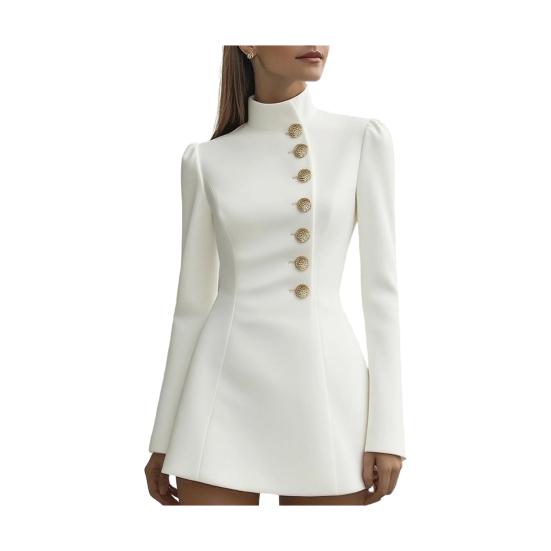 Stand Collar Work Dress for Women Long Sleeve Single-Breasted Suit Dress Formal Church Office Sheath Dress