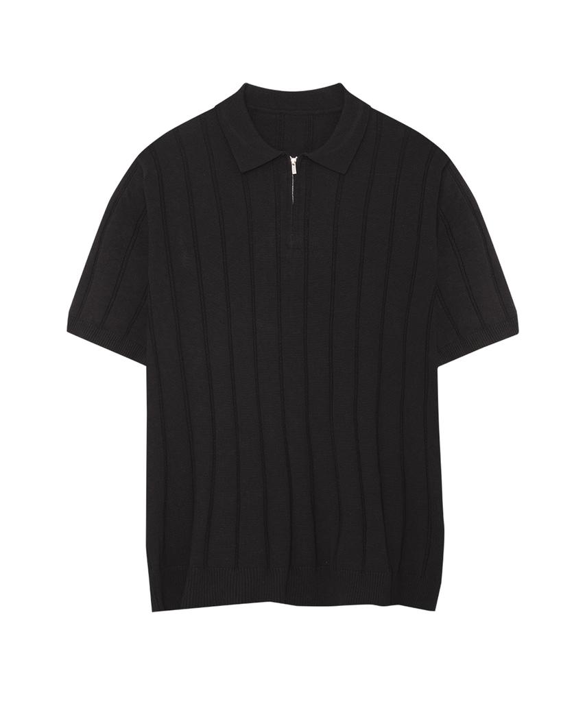 IRONYPORNO WHITELINE 86-Iro356 Micro Cable Half-Zip Collared Short Sleeve Knit Black