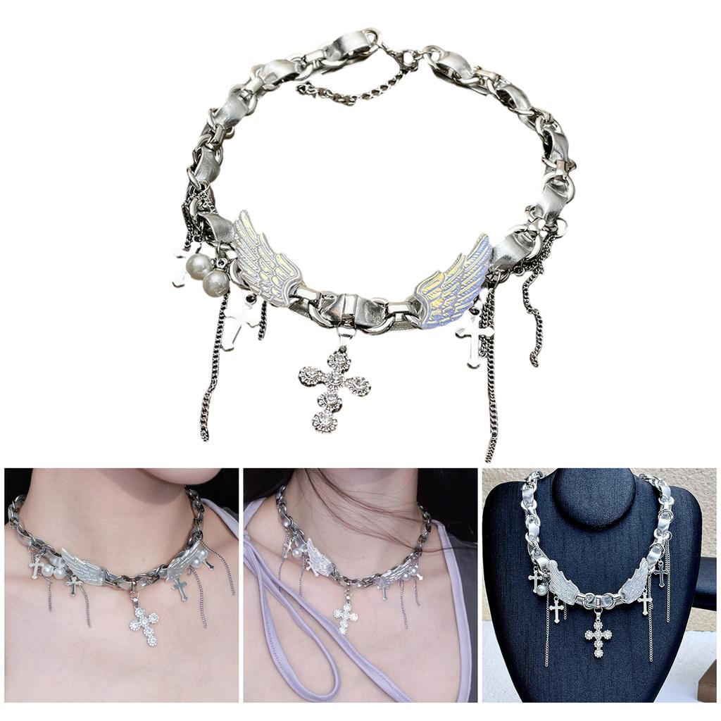 Silver Wing Crucifix Tassels Leather Choker Necklace Adjustable Length Clavicle Chain Stylish Accessory for Trendy Youth
