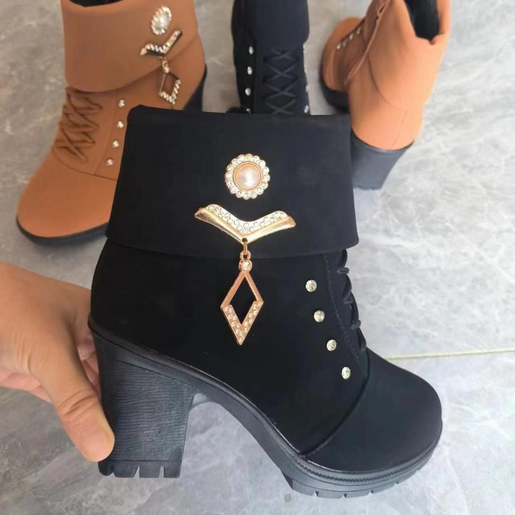 Plus Size Rhinestone Martin Boots 2024: High Heel, Warm Cotton, Side Zipper Women's Fashion Boots for Autumn/Winter