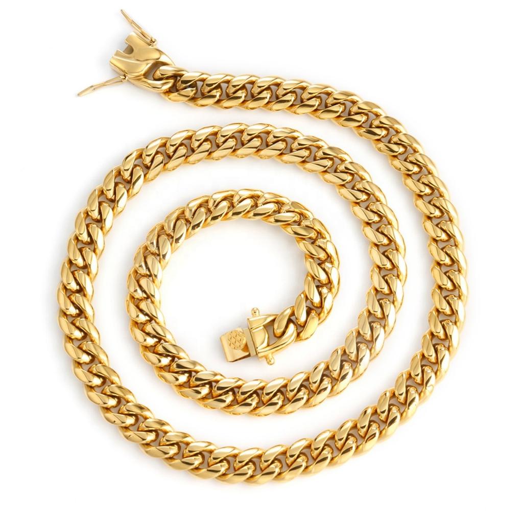 New Luxury Hip Hop Retro Punk Stainless Steel 18K Gold Cuban Chain Necklace Bracelet Jewelry