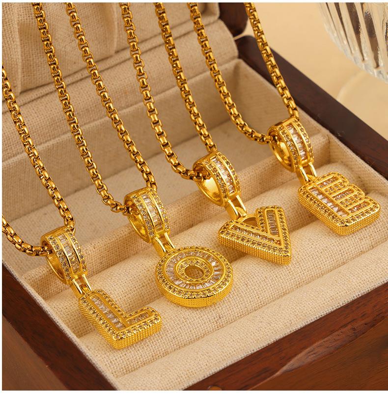Minimalist Letter Inlaid Diamond Copper Pendant Necklace with Long Box Chain in Gold-Plated Titanium Steel