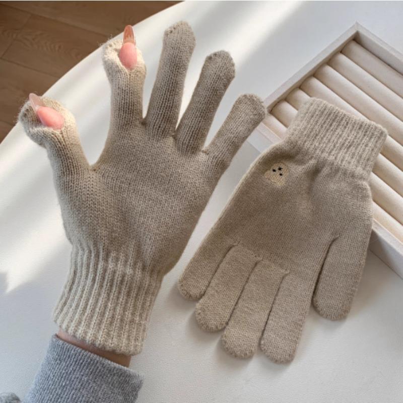 Korean Cute Bear Embroidered Wool Gloves for Women Autumn and Winter Knitted Touch Screen Student Warm Cycling Gloves Windproof