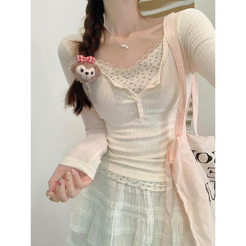 

Короткая футболка молочно-коричневого цвета с низким воротником и имитацией двух частей, с полуоткрытым воротником, с короткими рукавами, с кружевом, bm, с цветочным принтом, для женщин XL