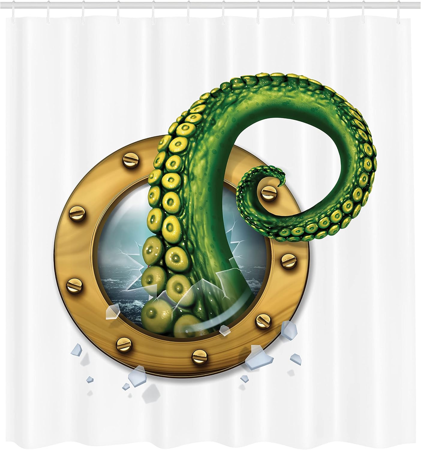 

Octopus Tentacle Shower Curtain With Hooks – Ship Porthole Ocean View, Sea Monster Art, Fern Brown Nautical Decor W60H190(CM)-1 Pcs