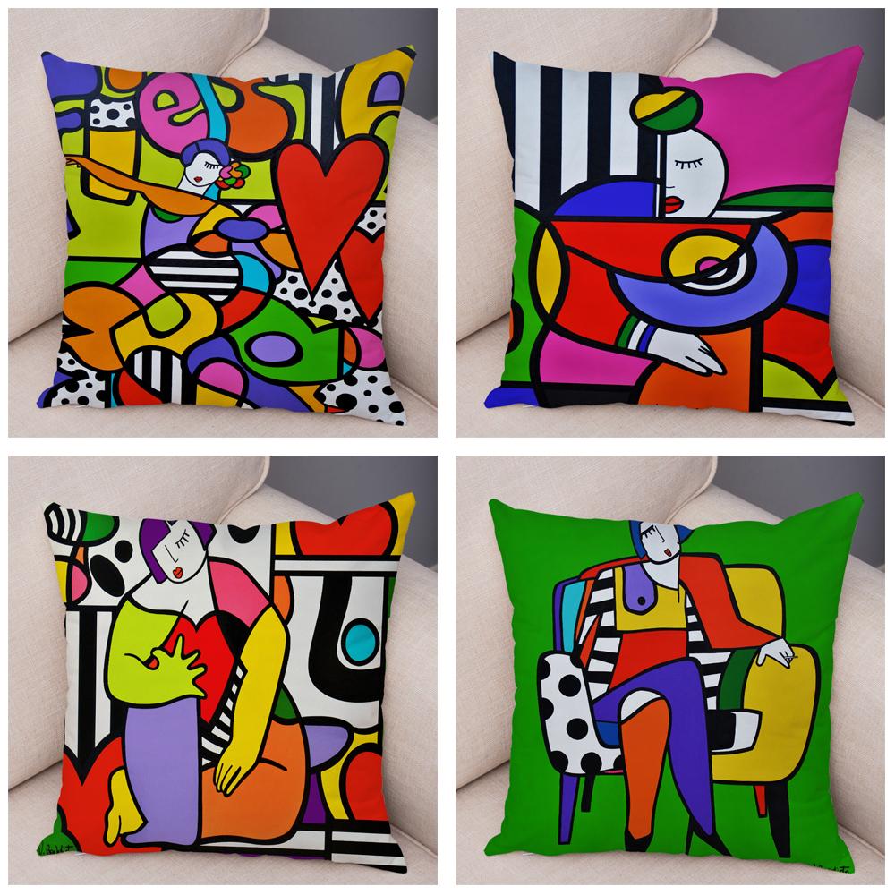 Geometric Cartoon Girl Colorful Abstract Art Drawing Pillowcase Sofa Cushion Cover Home Car Decor Home Decor