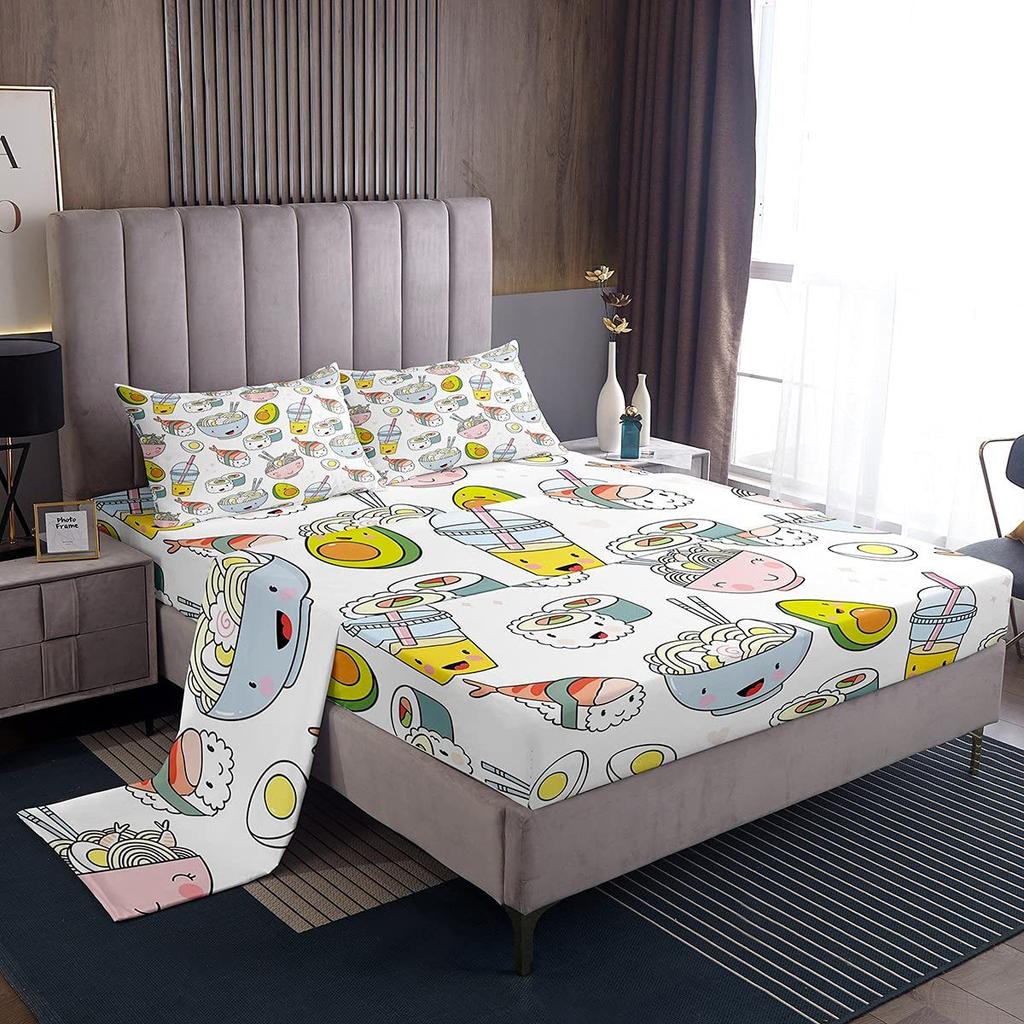 Chapéu de Cama com Padrão de Frutas Abacate Desenho Animado Conjunto de Roupa de Cama de Quatro Peças Decoração de Roupa de Cama para Quarto de Dormitório