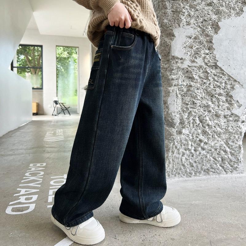 2025 Blugi pentru Băieți Mărimi Mari cu Căptușeală Fleece cu Croială Dreaptă pentru Adolescenți Supraponderali – Pantaloni Lungi de Primăvară și Toamnă Pantaloni la Modă